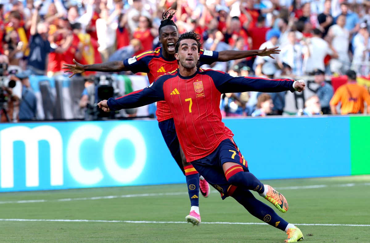 Ferran Torres #7 of Spain celebrates scoring the winning goal during the FIFA World Cup 2026 Final