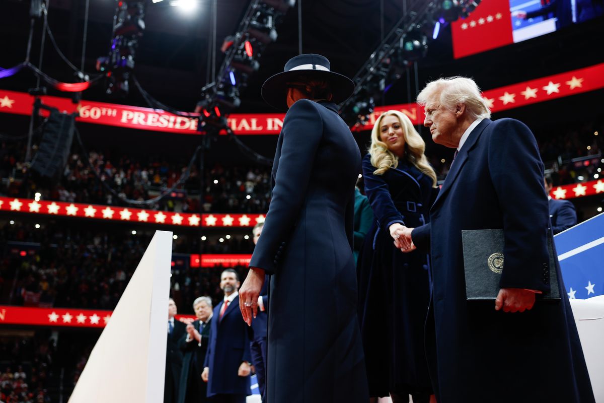 WASHINGTON, DC - JANUARY 20: U.S. President Donald Trump and first lady Melania Trump greet Tiffany Trump, during an indoor inauguration parade at the Capital One Arena on January 20, 2025 in Washington, DC. Donald Trump takes office for his second term as the 47th president of the United States. (Photo by Anna Moneymaker/Getty Images)