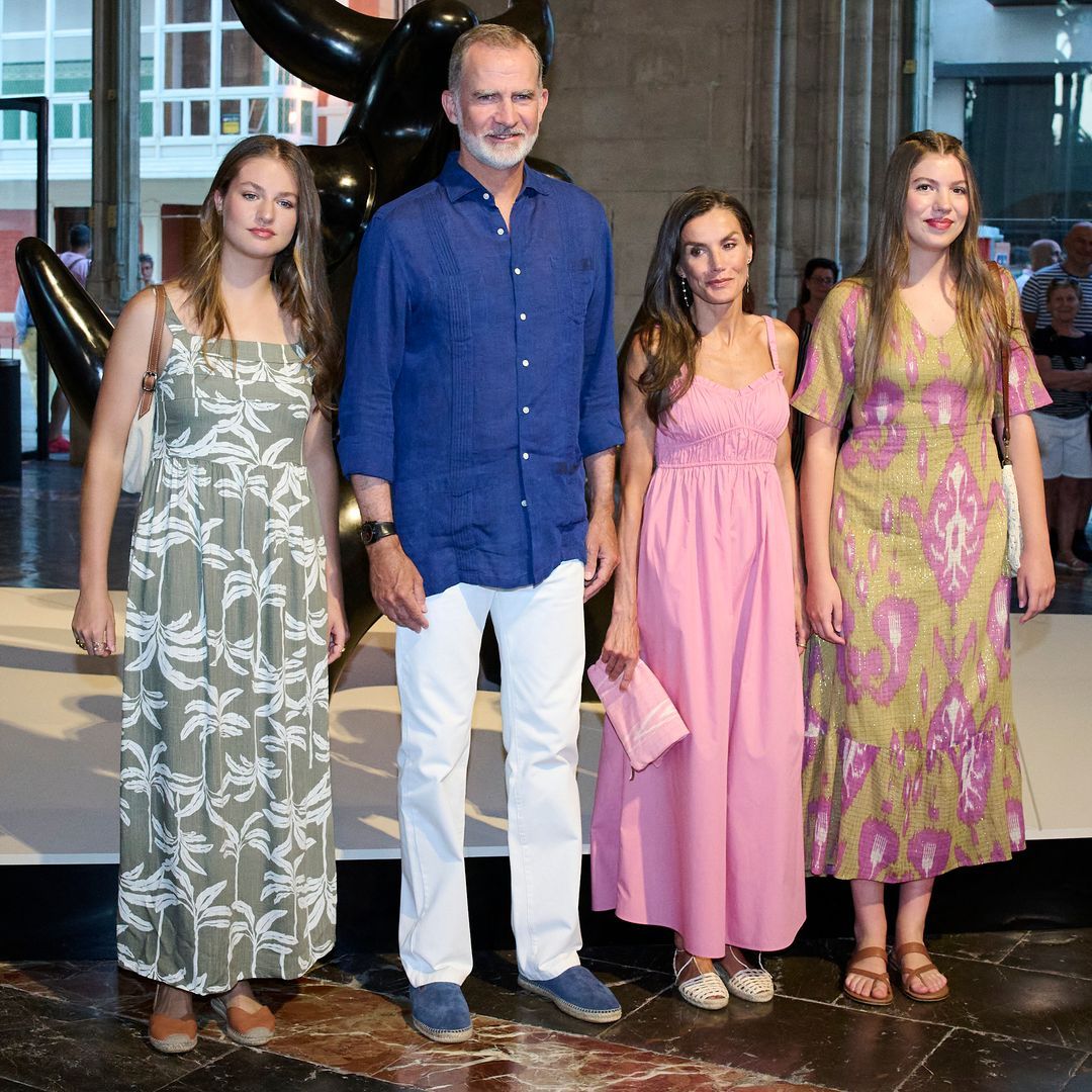 King Felipe VI, Queen Letizia, Princess Leonor and Infanta Sofía standing together at the Joan Miró exhibition in Palma de Mallorca
