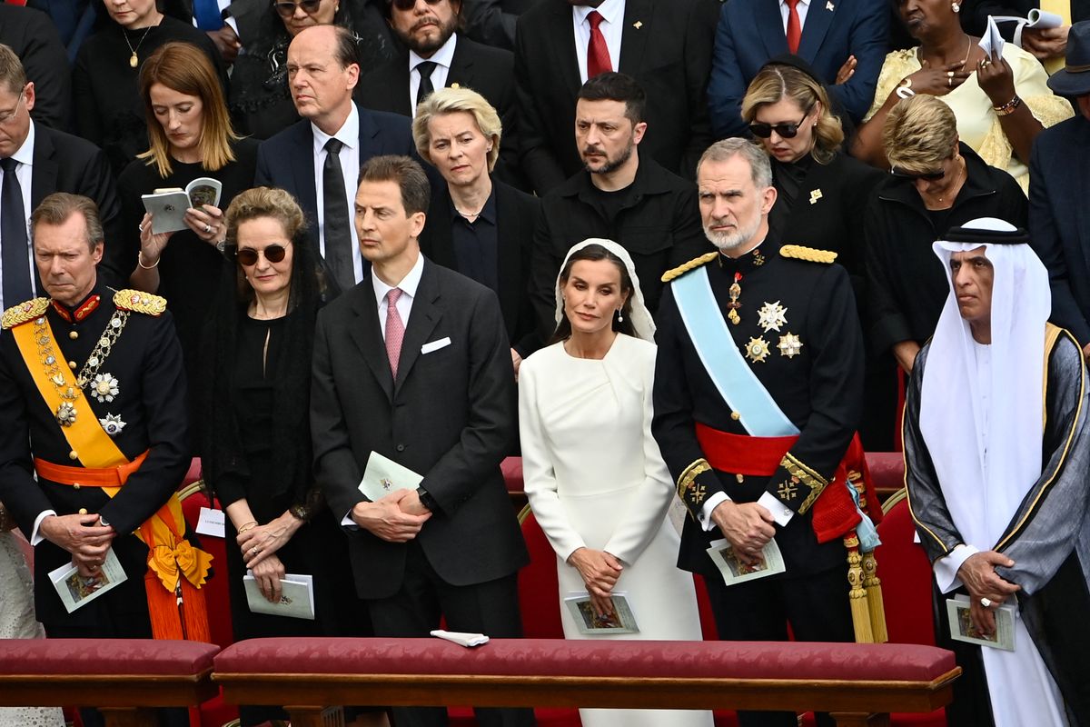    (From L) Henri, Grand Duke of Luxembourg, Liechtenstein's head of state Prince Alois and his wife Duchess Sophie, Spain's Queen Letizia and Spain's King Felipe VI and Sheikh Saud bin Saqr al Qasimi, ruler of the UAE's Emirate of Ras al-Khaimah attend a Holy Mass for the Beginning of the Pontificate of Pope Leo XIV, in St Peter's square in The Vatican on May 18, 2025. (Photo by Isabella BONOTTO / AFP) (Photo by ISABELLA BONOTTO/AFP via Getty Images)       