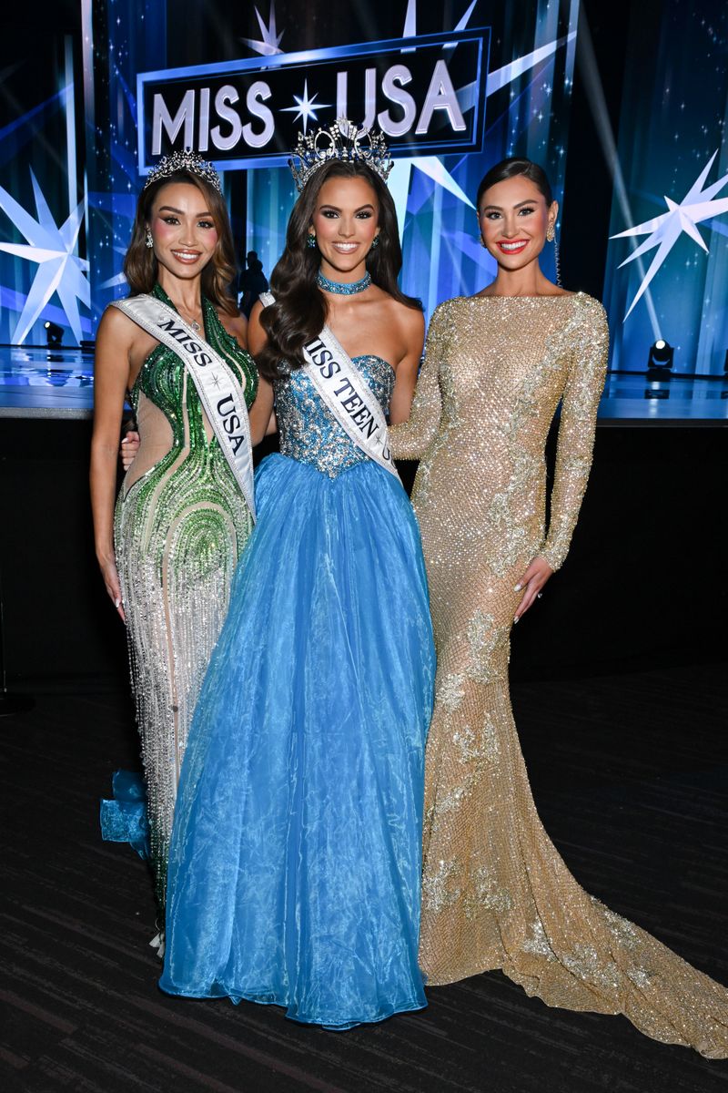 Nia Sanchez, Miss USA 2014, Addie Carver, Miss Teen USA 2024 and Morgan Romano at the 73rd annual Miss USA Pageant.