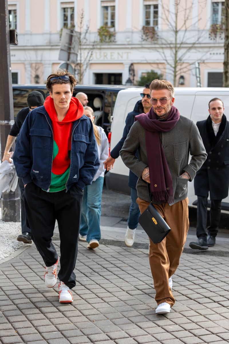  (L-R) Brooklyn Beckham, Cruz Beckham, Harper Beckham and David Beckham are seen on March 01, 2024 in Paris, France. (Photo by Marc Piasecki/GC Images)