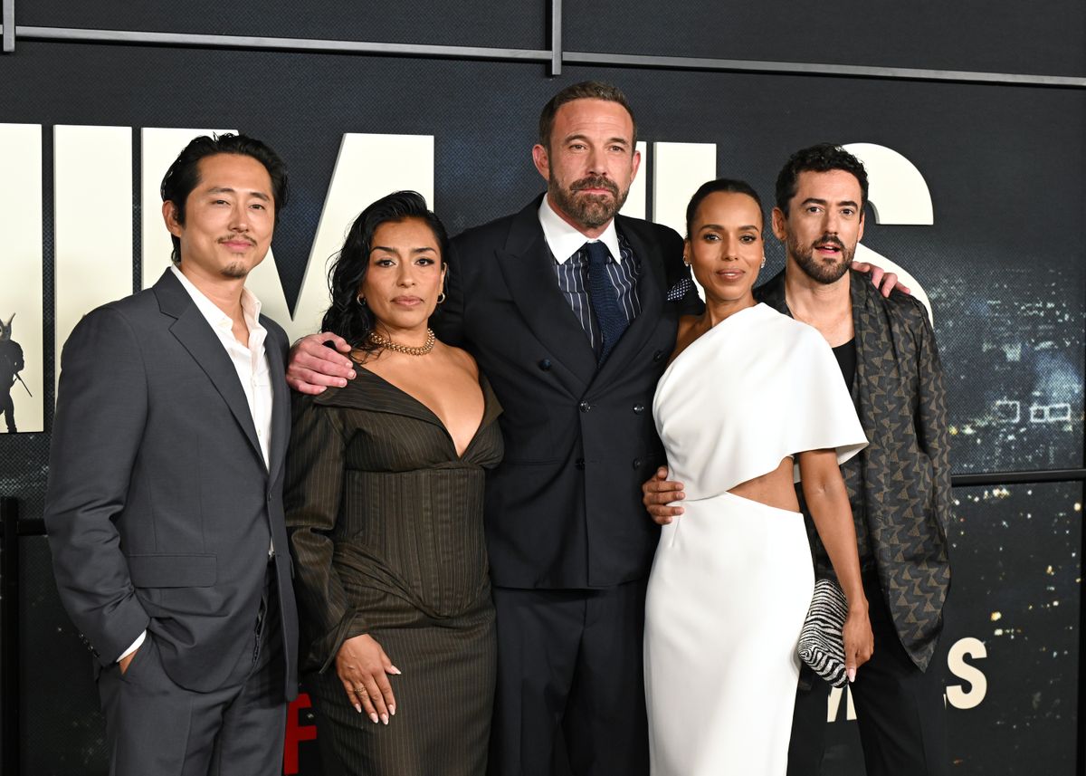 LOS ANGELES, CALIFORNIA - OCTOBER 01: (L-R) Steven Yeun, Adriana Paz, Ben Affleck, Kerry Washington and Luis Gerardo Méndez attend the World Premiere of Netflix's "Animals" at Westwood Village Theater on October 01, 2026 in Los Angeles, California. (Photo by Axelle/Bauer-Griffin/FilmMagic)