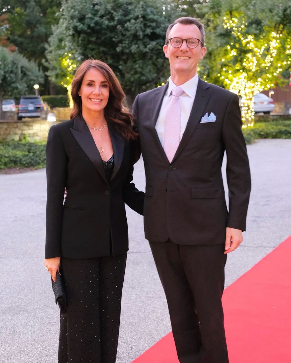 Princess Marie paired a satin-lapel blazer with sparkling wide-leg trousers for an evening with Prince Joachim in Washington, D.C.