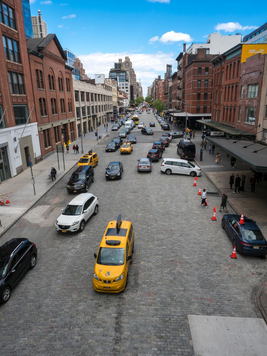 A view of West 14th Street from the High Line, an elevated linear park. 14th Street is a major crosstown street in the New York City borough of Manhattan.