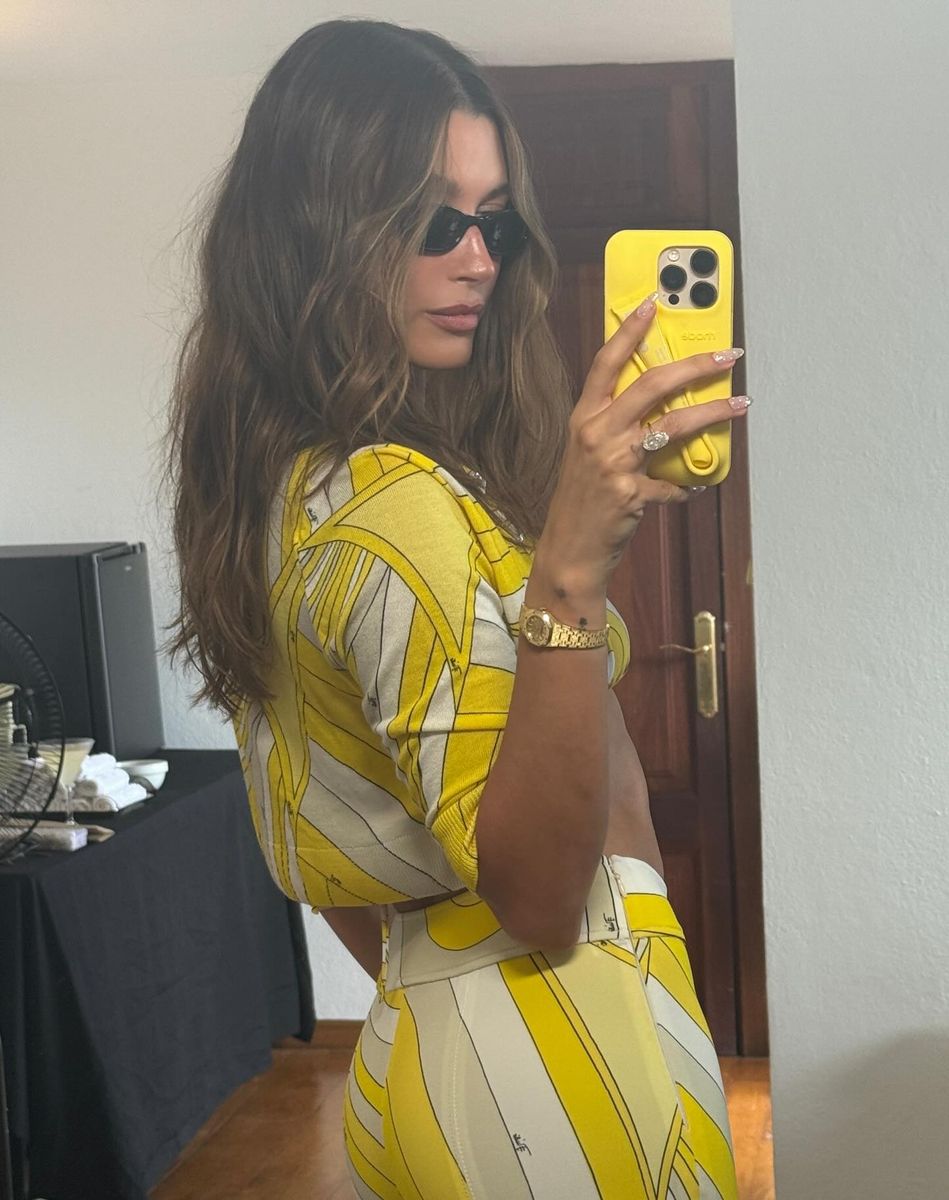 Hailey Bieber in lemon bikini in Mallorca
