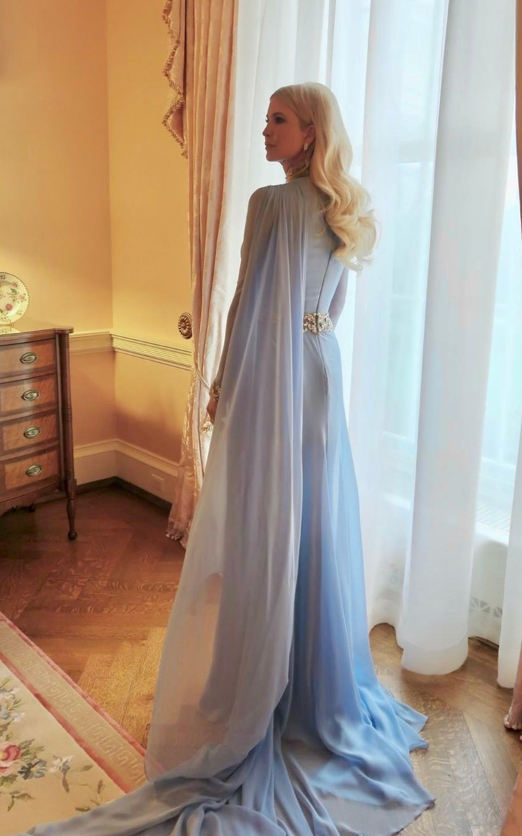 A closer look at Ivanka Trump’s flowing cape and silver embellishments, a nod to classic old-Hollywood glamour.