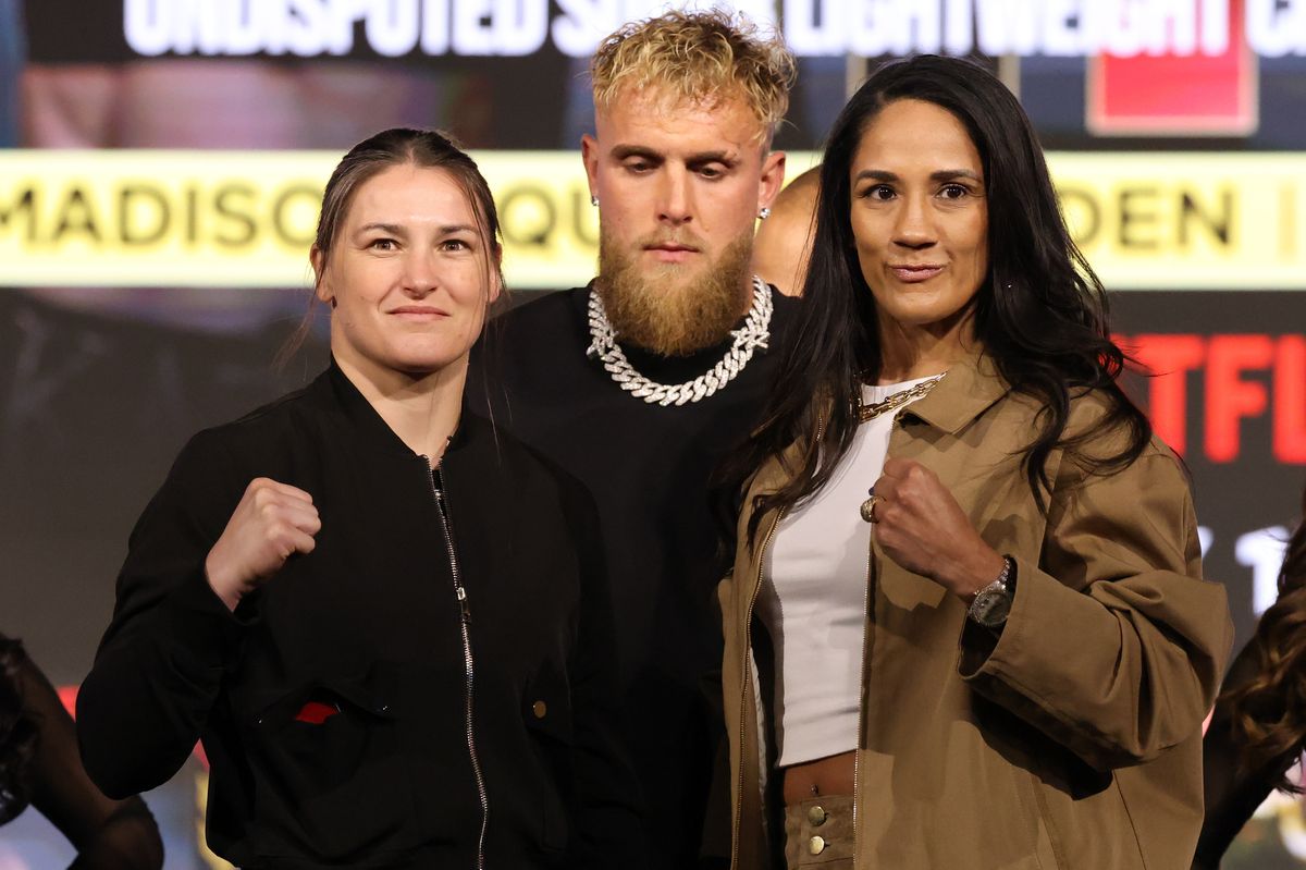 Katie Taylor and Amanda Serrano pose after the press conference announcing their third fight at The Theater at Madison Square Garden on April 9, 2025 in New York City. (Photo by Ed Mulholland/Getty Images)