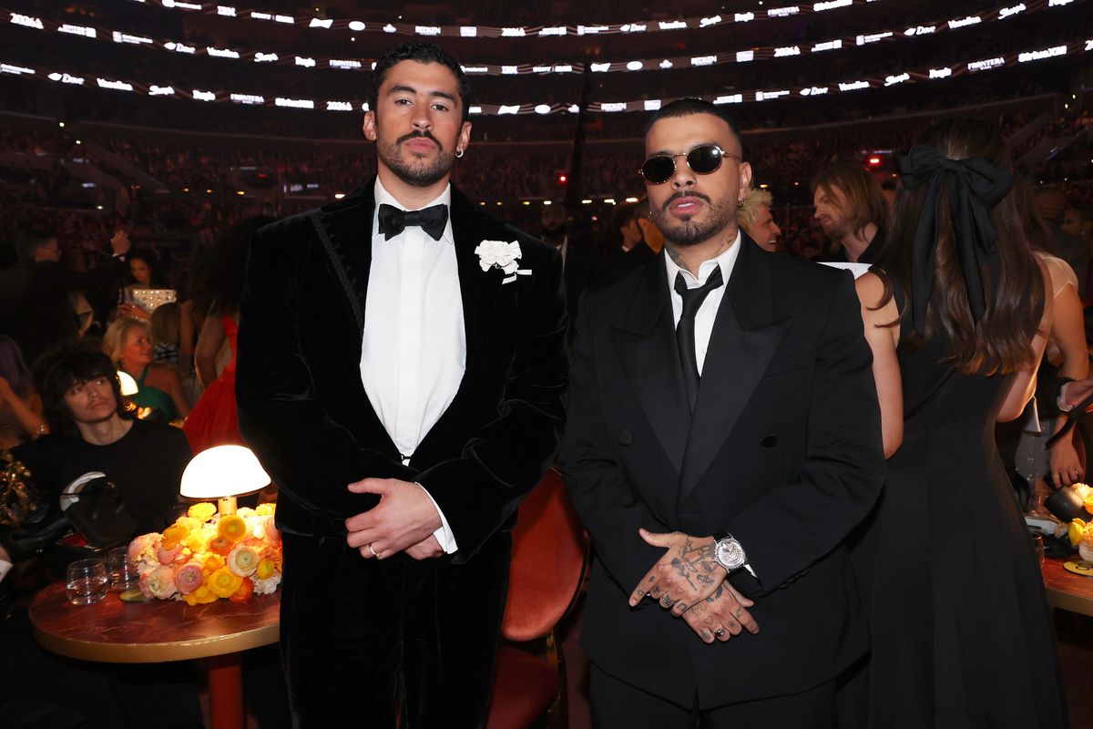 LOS ANGELES, CALIFORNIA - FEBRUARY 01: (L-R) Bad Bunny and Rauw Alejandro attend the 68th GRAMMY Awards at Crypto.com Arena on February 01, 2026 in Los Angeles, California.  (Photo by Johnny Nunez/Getty Images for The Recording Academy) 