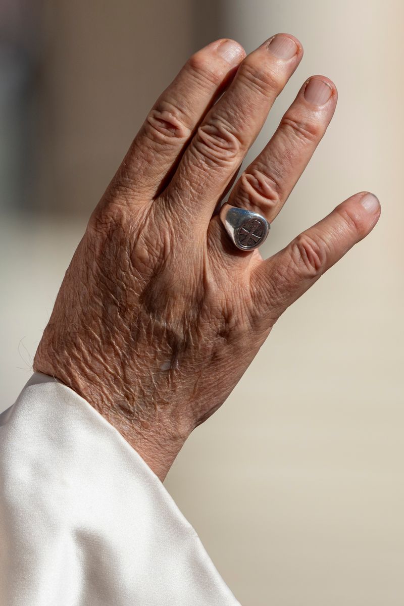 Detail of the Piscatory Ring as Pope Francis waves as he arrives in St. Peter's Square to lead his traditional Wednesday General Audience. (Photo by Stefano Costantino/SOPA Images/LightRocket via Getty Images)
