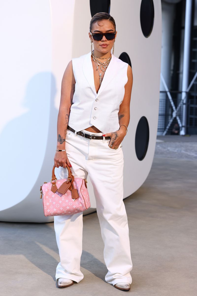 Karol G attends the Louis Vuitton Menswear Spring/Summer 2026 show as part of Paris Fashion Week on June 24, 2025 in Paris, France. (Photo by Marc Piasecki/WireImage)