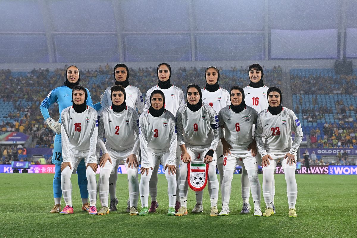 Islamic Republic of Iran players line up for a team photo prior to the AFC Women's Asian Cup Australia 2026 match between Islamic Republic of Iran and Australia Matildas.