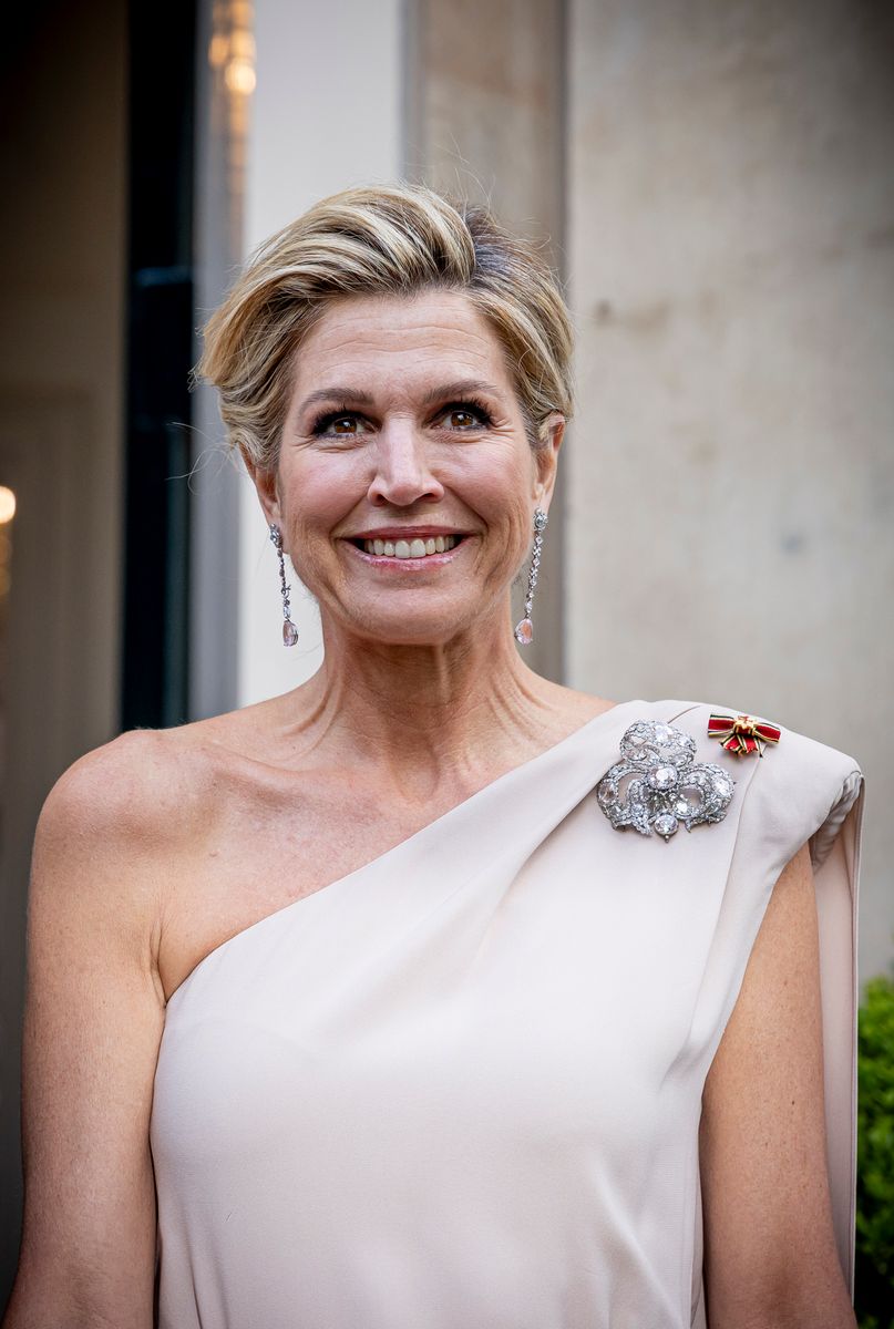 Queen Maxima completed her sophisticated evening look with historic Romanov jewels, including the famed Pearl and Diamond Stomacher brooch.