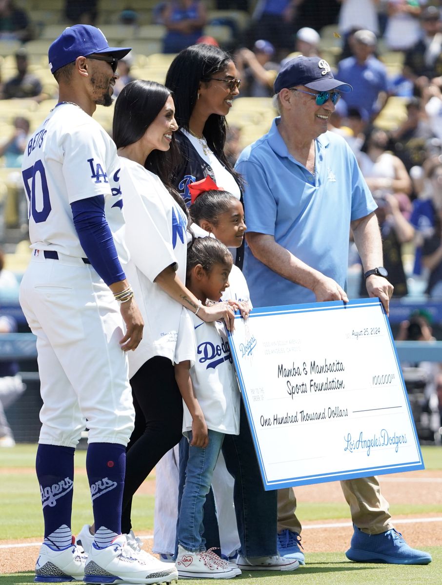 Vanessa Bryant and her daughters Natalia, Bianka, and Capri are seen before the Los Angeles Dodgers game against the Tampa Bay Rays at Dodger Stadium on August 25, 2024, in Los Angeles, California.