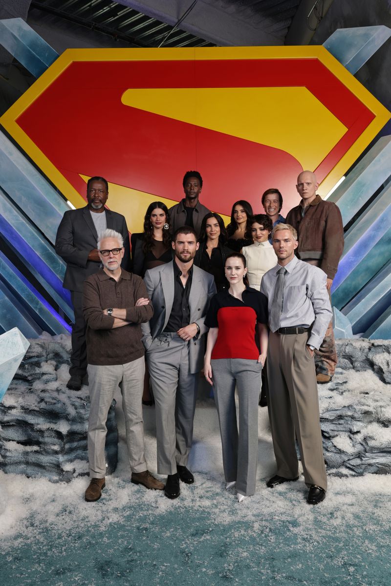 James Gunn, David Corenswet, Rachel Brosnahan, Nicholas Hoult, Wendell Pierce, Sara Sampaio, Edi Gathegi, Maria Gabriela de Faria, Mikaela Hoover, Isabela Merced, Skyler Gisondo and Anthony Carrigan seen at "Superman" Press Junket