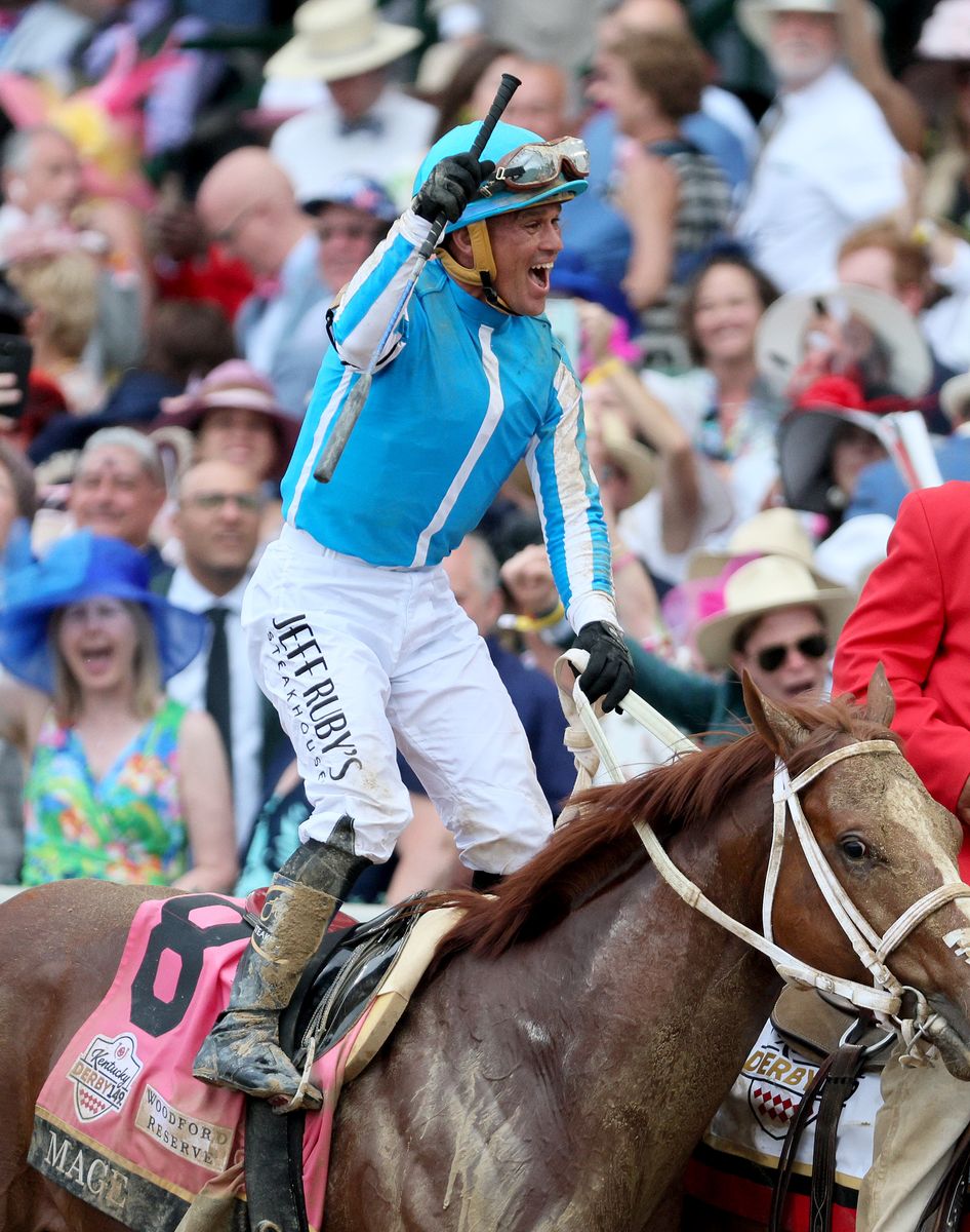 Jockey Javier Castellano celebrates atop of Mage #8 after winning the 149th running of the Kentucky Derby at Churchill Downs on May 06, 2023 in Louisville, Kentucky. 