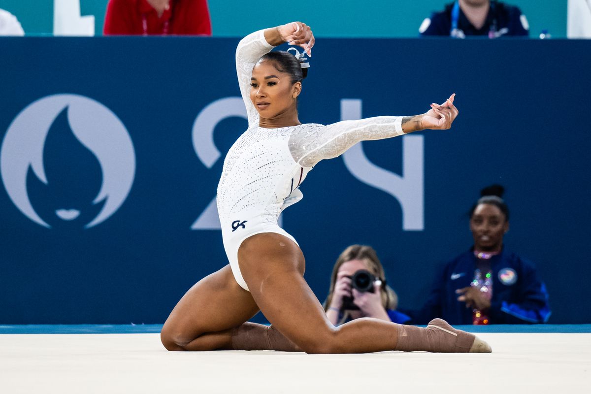 Jordan Chiles of Team United States in action Artistic Gymnastics Women's Floor Exercise Final on day ten of the Olympic Games Paris 2024 at the Bercy Arena on August 5, 2024 in Paris, France. (Photo by Tom Weller/VOIGT/GettyImages)