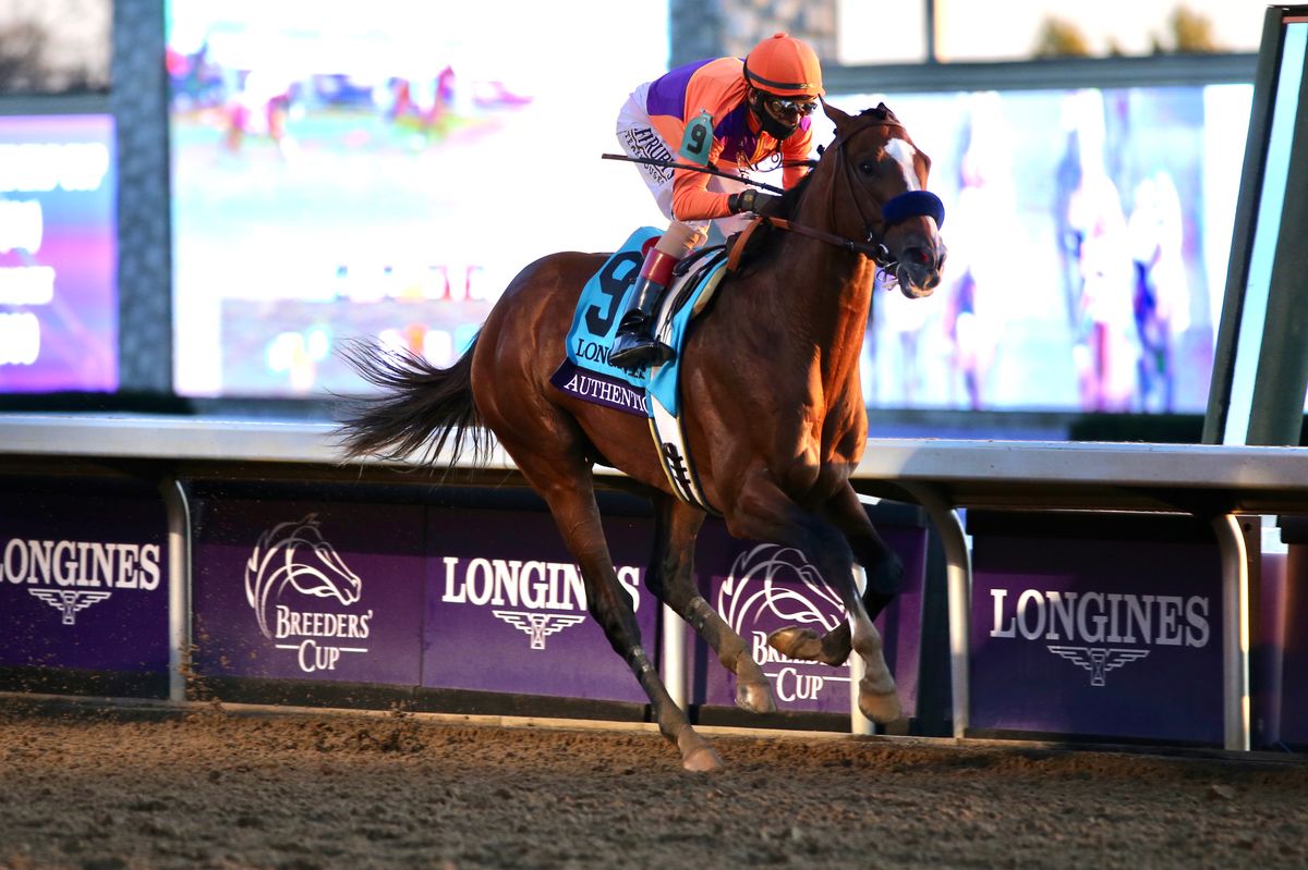 Authentic with John Velazquez riding wins the Breeders Cup Classic for trainer Bob Baffert  on November 7, 2020 in Lexington, Kentucky. 