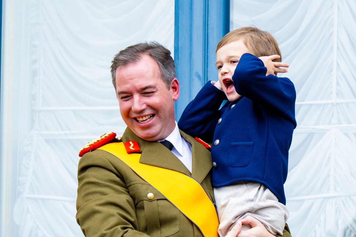 Grand Duke Guillaume, the new Grand Duke of Luxembourg after abdication by his father Grand Duke Henri, together with his son Prince Charles on the balcony of Grand Ducal Palace in Luxembourg. (Photo by DPPA/Sipa USA)