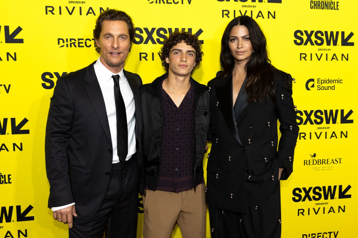 Matthew McConaughey, Levi McConaughey, Camila Alves McConaughey at "The Rivals of Amziah King" premiere during SXSW Conference & Festivals at the Paramount Theatre on March 10, 2025 in Austin, Texas. (Photo by Travis P. Ball/SXSW Conference & Festivals via Getty Images)