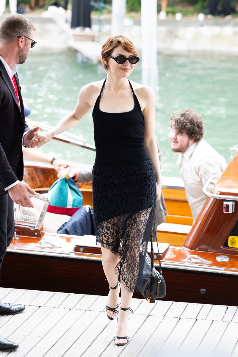 Emma Stone arrives at the 82nd Venice International Film Festival on August 28, 2025 in Venice, Italy.