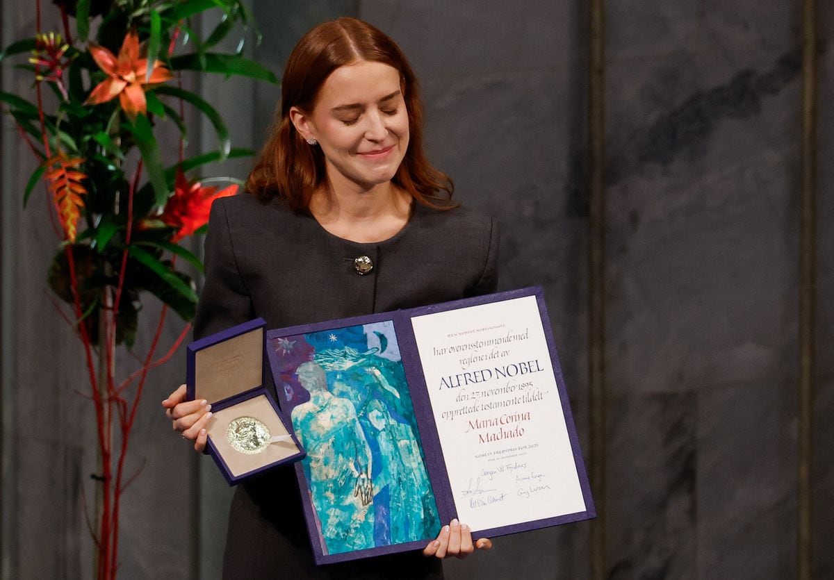 Ana Corina Sosa, daughter of Venezuelan opposition leader Maria Corina Machado, receives the Nobel Peace Prize for her mother at the Nobel Peace Prize ceremony at Oslo City Hall on December 10, 2025 in Oslo, Norway.