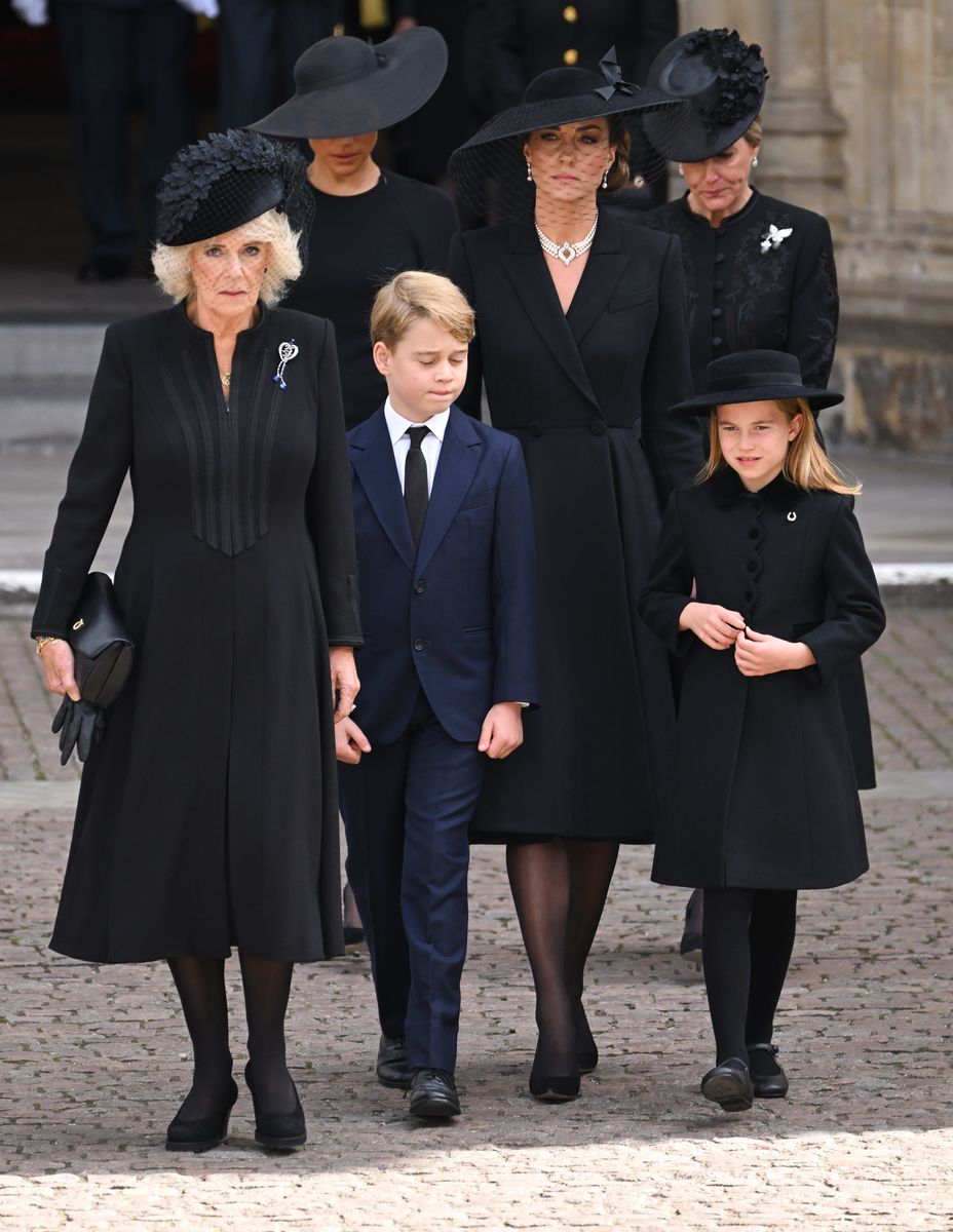 Camilla, Queen Consort, Meghan, Duchess of Sussex, Prince George of Wales, Catherine, Princess of Wales, Princess Charlotte of Wales and Sophie, Countess of Wessex