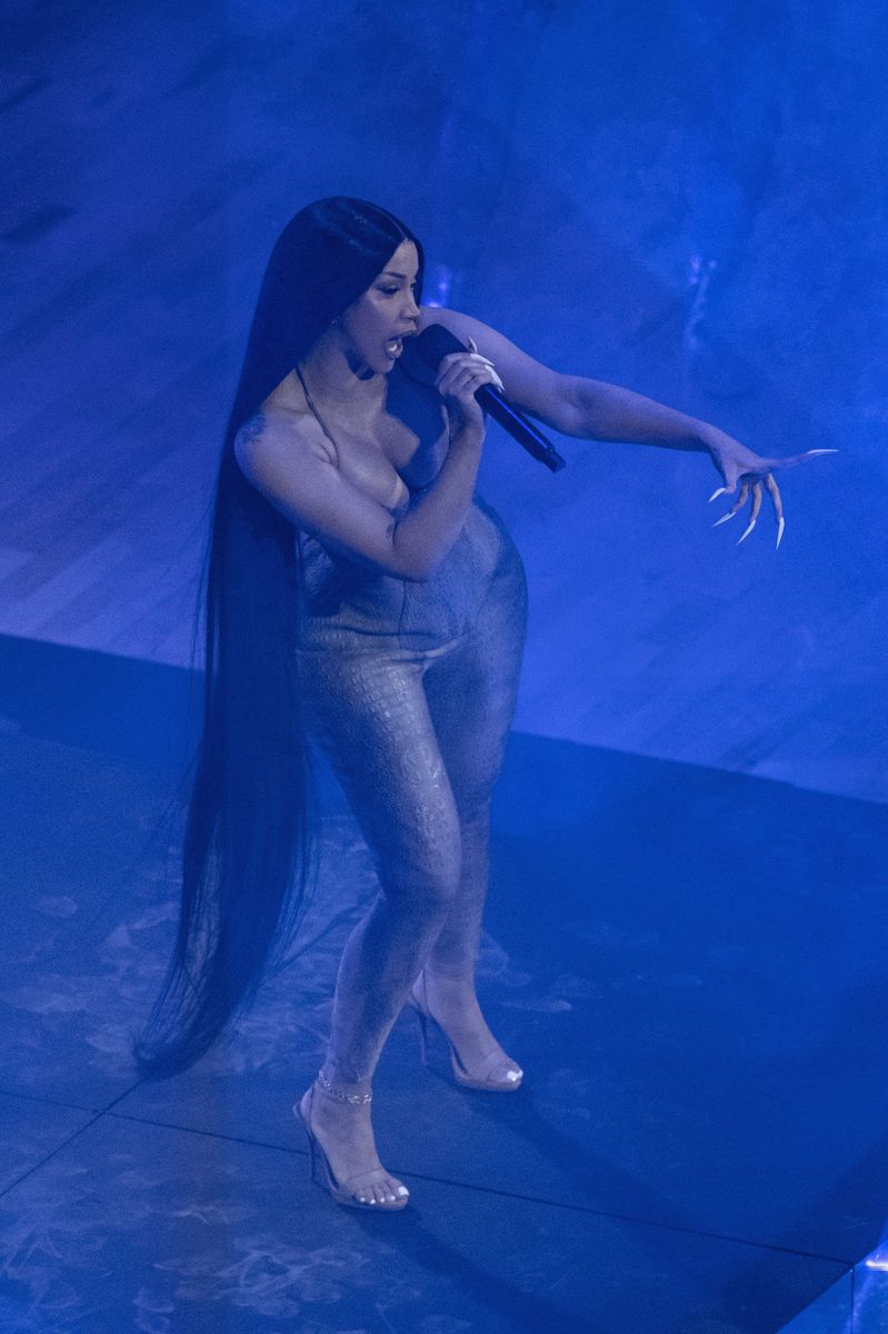 American rapper Cardi B performs during the halftime break of the National Basketball Association (NBA) finals game between the New York Knicks and San Antonio Spurs.