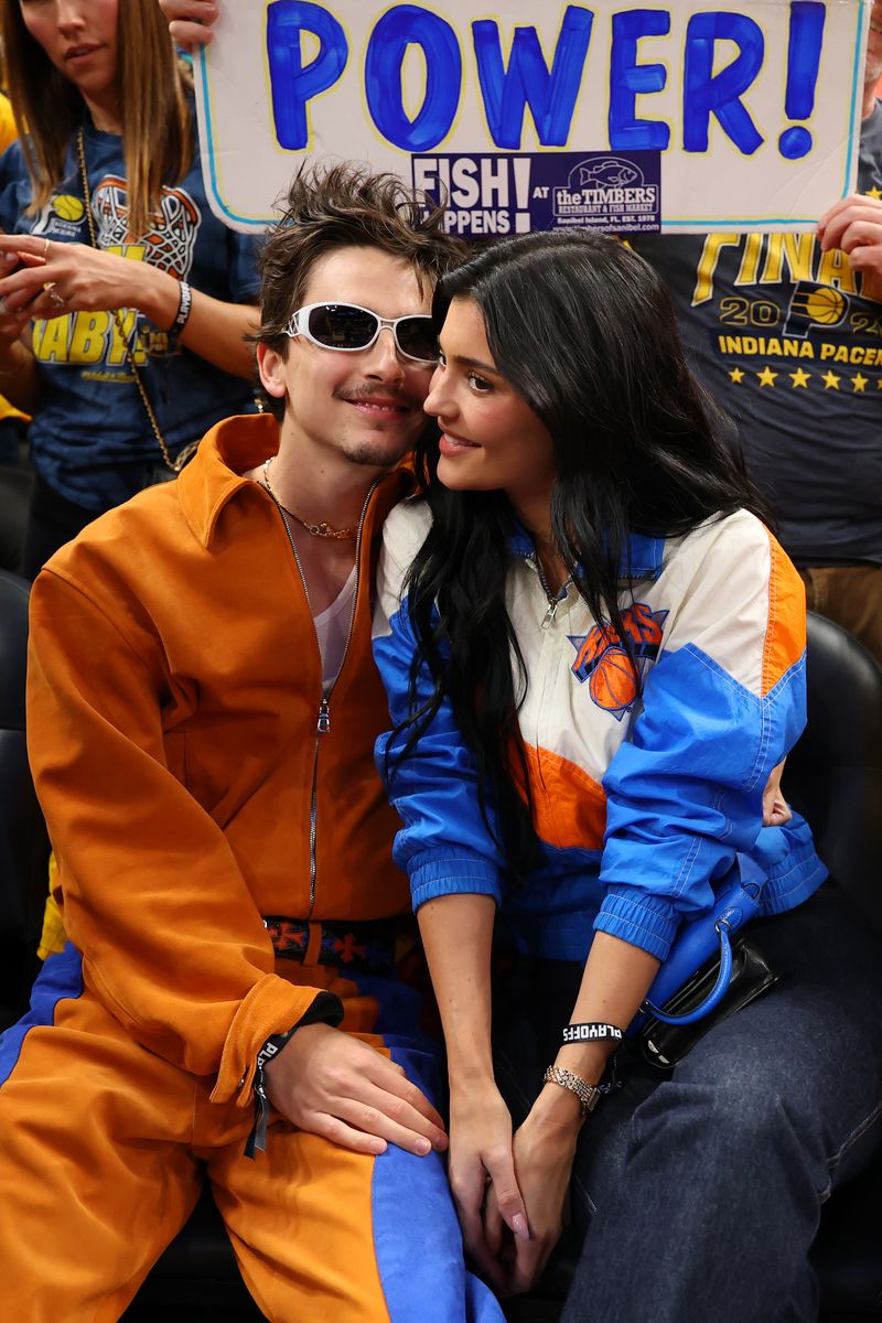 Timothee Chalamet and Kylie Jenner attend Game Six of the Eastern Conference Finals of the 2025 NBA Playoffs between the New York Knicks and the Indiana Pacers on May 31, 2025