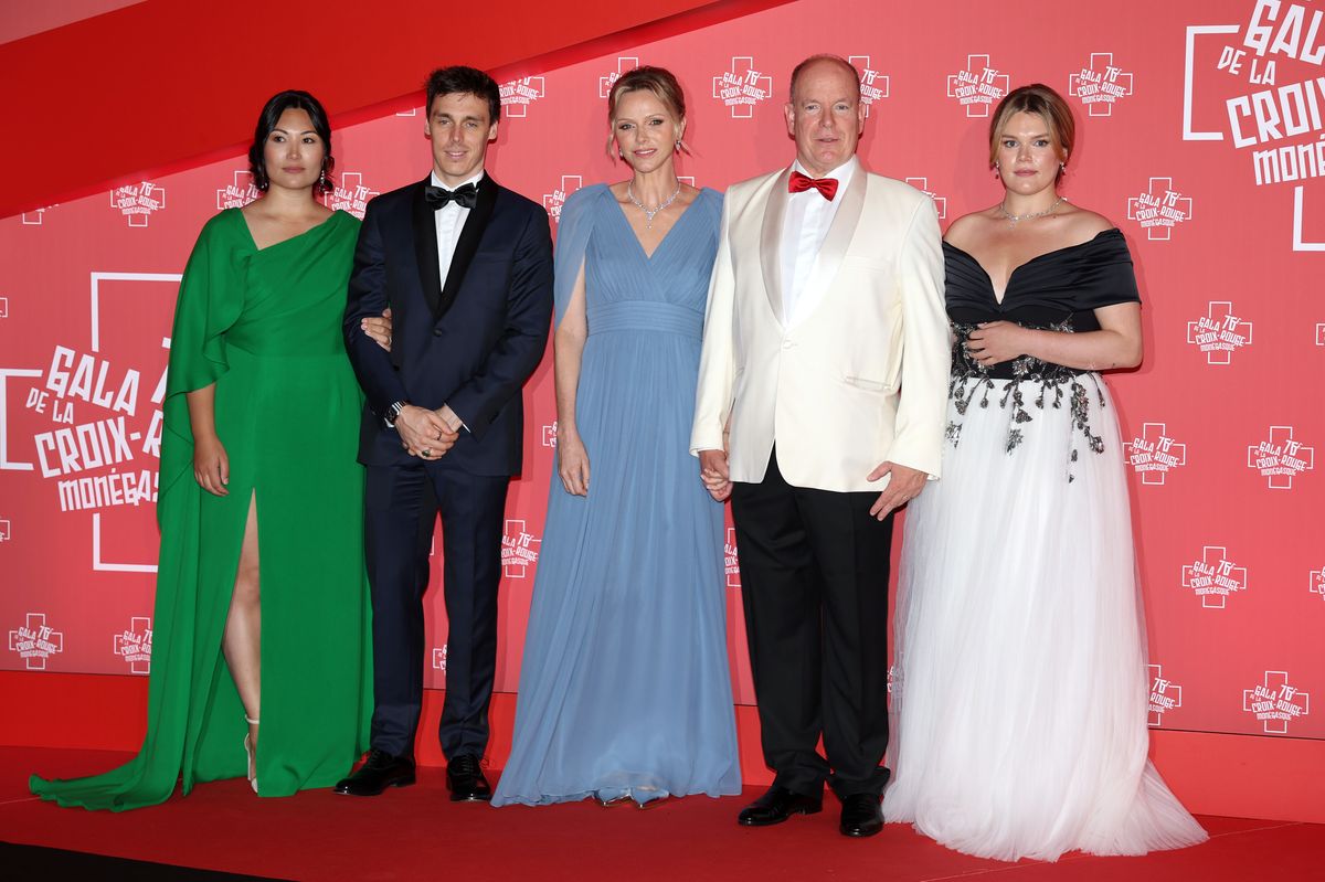 MONACO, MONACO - JULY 12: (EDITOR'S NOTE : NO TABLOIDS WEB & PRINT, NO DAILY MAIL, NO DAILY MAIL GROUP, NO BILD, NO CHI, NO VOICI, NO CLOSER) (L-R) Marie Ducruet, Louis Ducruet, Princess Charlene of Monaco, Prince Albert II of Monaco and Camille Gottlieb attend the 76th Red Cross Ball on July 12, 2025 in Monaco, Monaco. (Photo by Pascal Le Segretain/Getty Images)