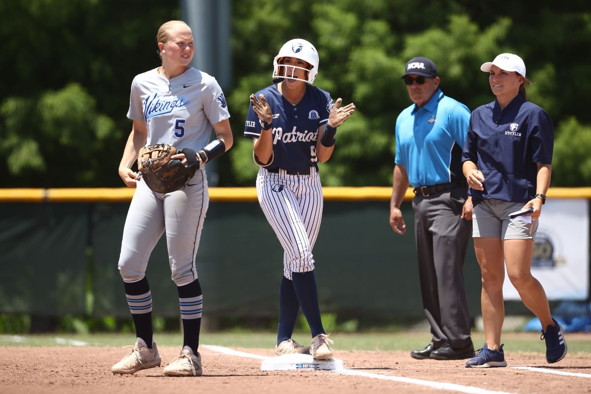 Makayla Garcia #9 of the UT Tyler Patriots cheers after hitting a double against the Western Washington Vikings during the Division II Women's Softball Championship held at Boombah-Soldiers Creek Park on May 25, 2024 in Longwood, Florida. (Photo by Tyler Schank/NCAA Photos via Getty Images)