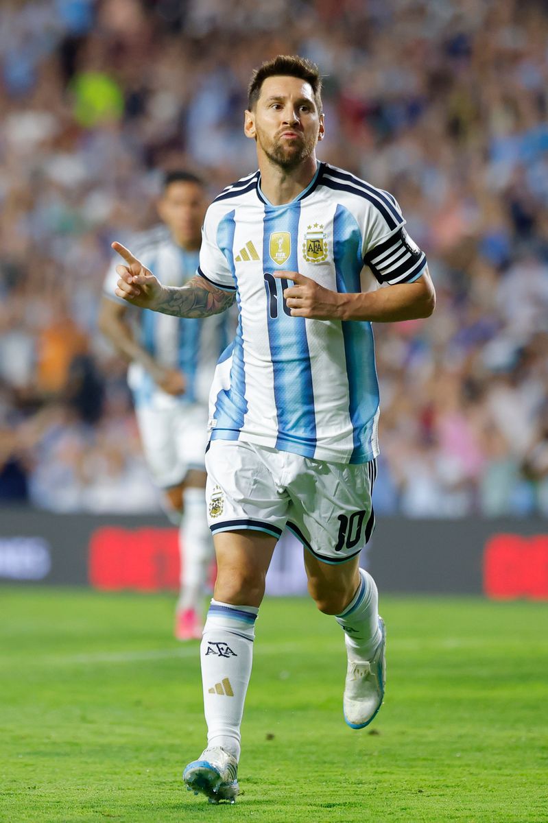 Lionel Messi of Argentina celebrates after scoring the team's second goal during the international friendly match between Argentina and Iceland.