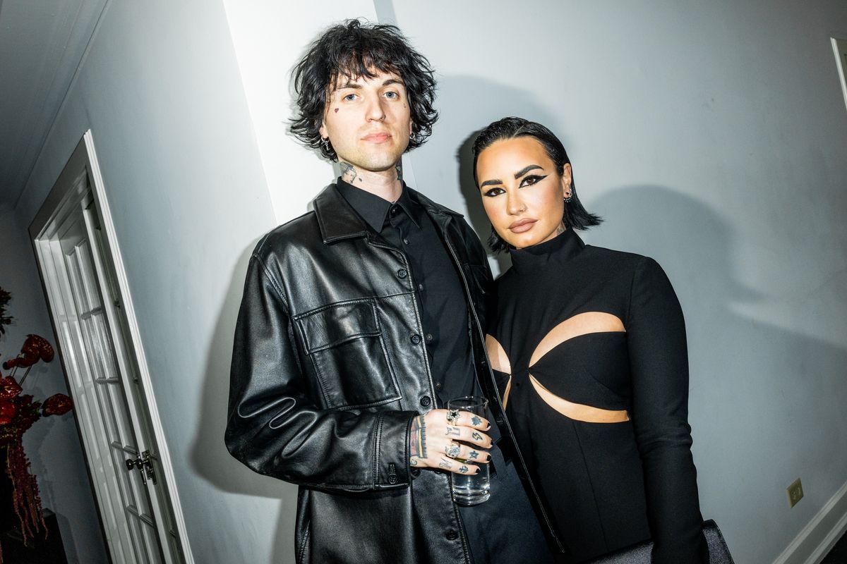 Jordan Lutes and Demi Lovato at the intimate dinner held by Eli Mizrahi of MÃ´not on April 23, 2023 in Los Angeles, California. (Photo by Roger Kisby/WWD via Getty Images)