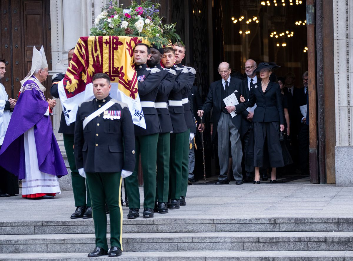 LONDON, ENGLAND - SEPTEMBER 16: Prince Edward, Duke of Kent and Lady Helen Taylor attend the funeral of Katharine, Duchess of Kent at Westminster Cathedral on September 16, 2025 in London, England. Katharine, Duchess of Kent was married Prince Edward, Duke of Kent, the first cousin of Queen Elizabeth II. She died on September 4 at the age of 92 at Kensington Palace surrounded by her family. Having converted to Catholicism in 1994, her funeral takes place at Westminster Cathedral and is the first Catholic funeral to be held for a member of the royal family in modern British history. Her Royal Highness will be laid to rest at the Royal Burial Ground at Frogmore, Windsor. (Photo by Mark Cuthbert/UK Press via Getty Images)