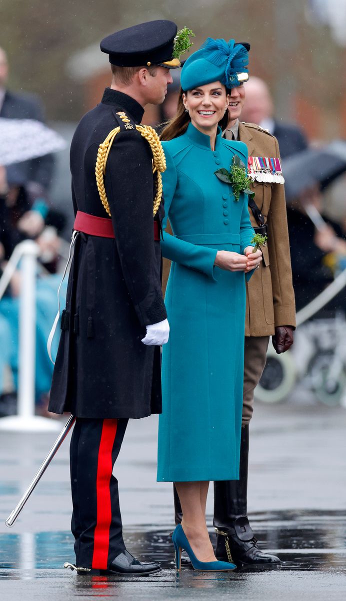 ALDERSHOT, UNITED KINGDOM - MARCH 17: (EMBARGOED FOR PUBLICATION IN UK NEWSPAPERS UNTIL 24 HOURS AFTER CREATE DATE AND TIME) Prince William, Prince of Wales and Catherine, Princess of Wales (in her role as Colonel of the Irish Guards) attend the 2023 St. Patrick's Day Parade at Mons Barracks on March 17, 2023 in Aldershot, England. This years' parade is the first The Princess of Wales is attending as Colonel of the Regiment after succeeding her husband, Prince William, Prince of Wales, in December 2022 who had been colonel since 2011. (Photo by Max Mumby/Indigo/Getty Images)