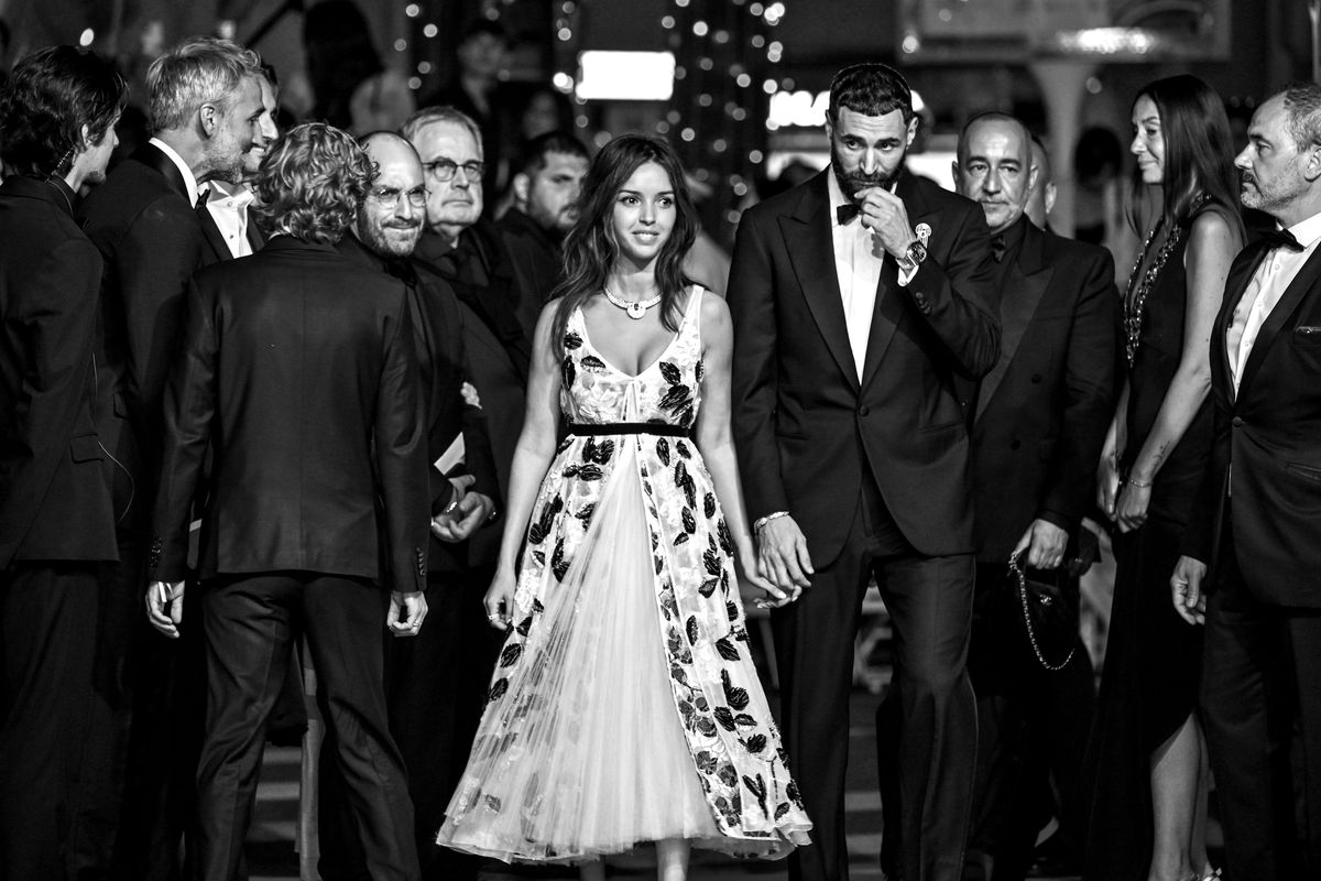 CANNES, FRANCE - MAY 23: Lyna Khoudri and Karim Benzema attend the "13 Jours 13 Nuits" red carpet at the 78th annual Cannes Film Festival at Palais des Festivals on May 23, 2025 in Cannes, France. (Photo by Stephane Cardinale - Corbis/Corbis via Getty Images)