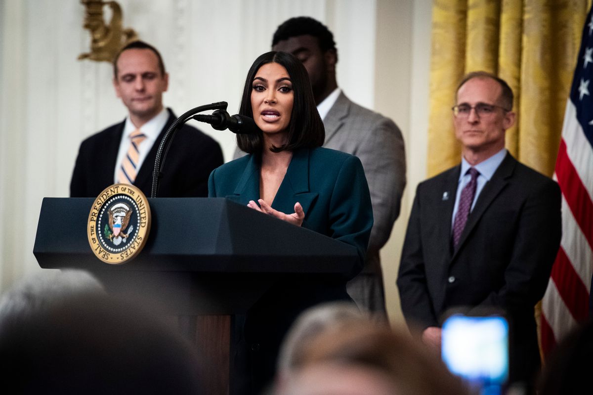 Kim Kardashian speaks with President Donald J. Trump at an event on promoting second chance hiring