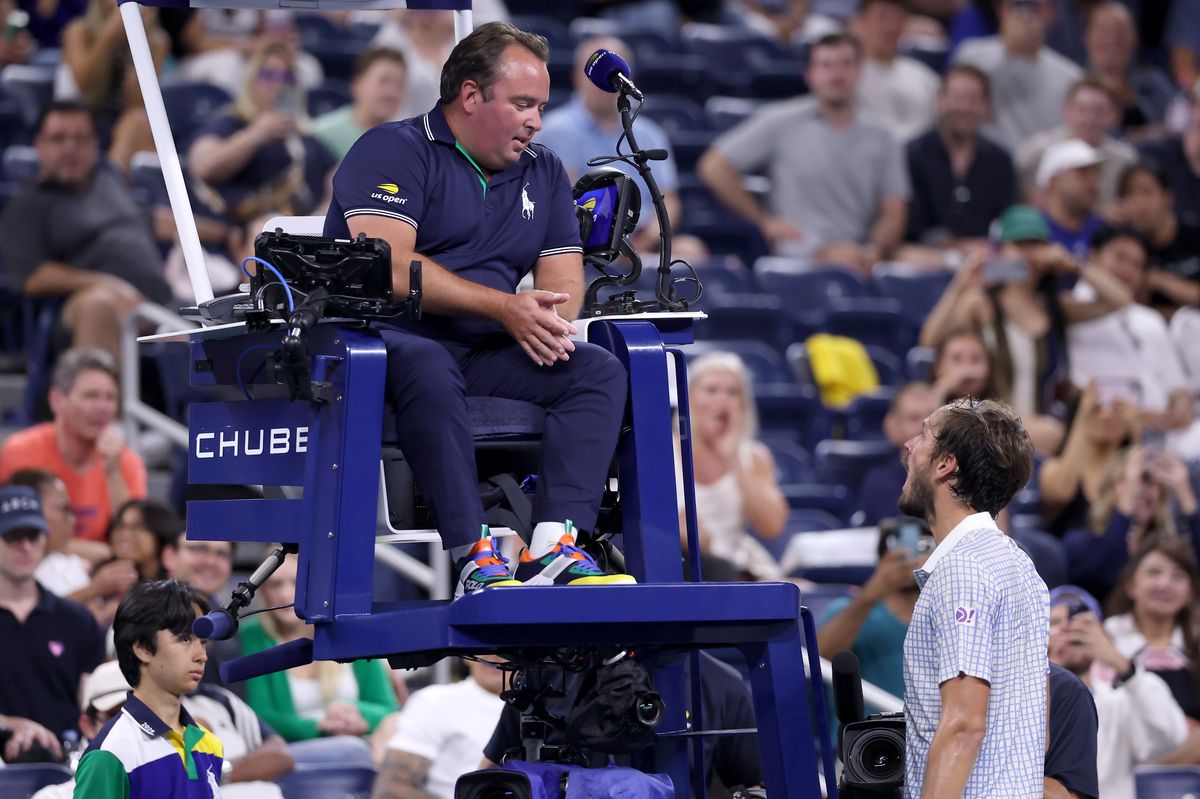 Daniil Medvedev argues with chair umpire Greg Allensworth during the third set against Benjamin Bonzi of France of their Men's Singles First Round match on Day One of the 2025 US Open 