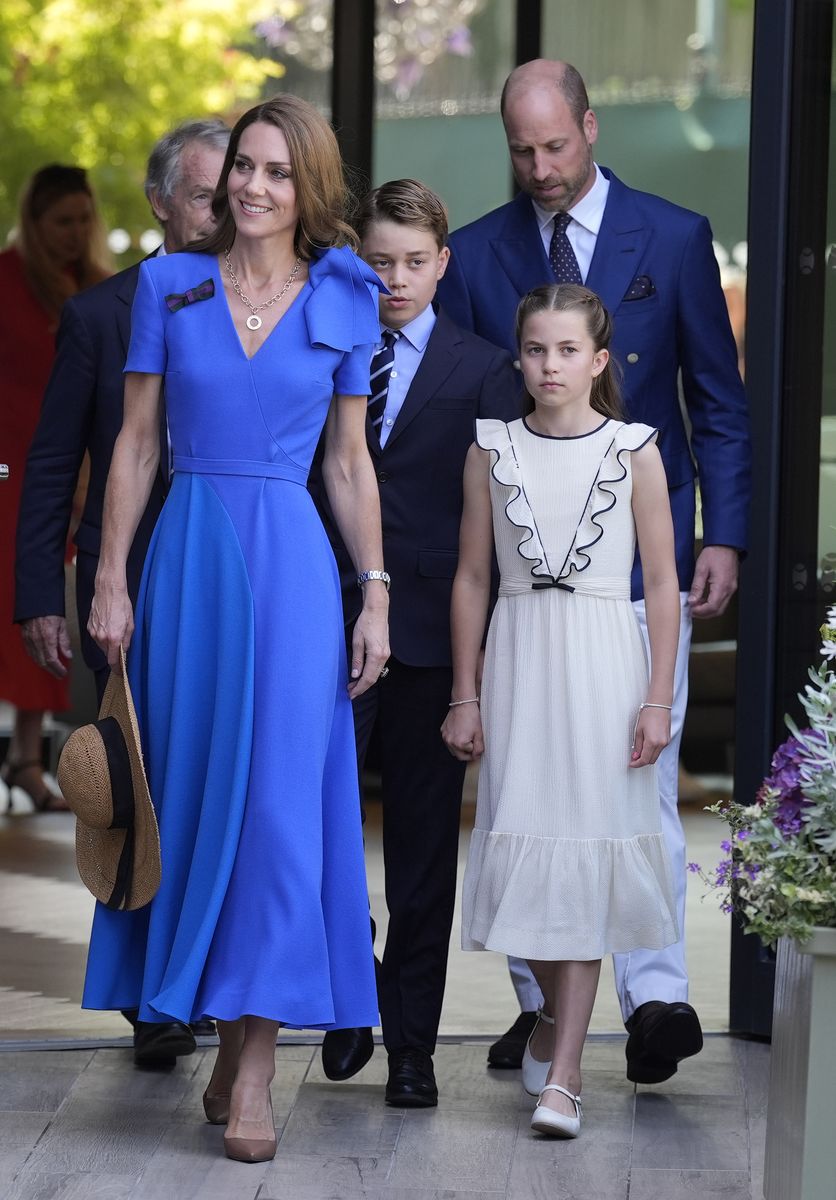 LONDON, ENGLAND - JULY 13: The Prince and Princess of Wales arrives with Prince George and Princess Charlotte during day fourteen of The Championships Wimbledon 2025 at All England Lawn Tennis and Croquet Club on July 13, 2025 in London, England. (Photo by Andrew Matthews - WPA Pool/Getty Images)