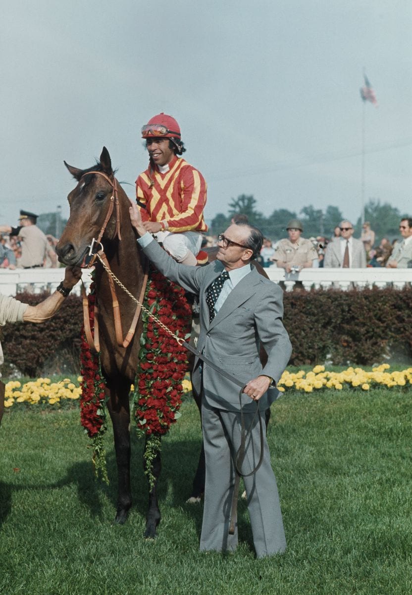 Trainer Woody Stephens (1913 - 1998) with winning horse 'Cannonade' and jockey Angel Cordero at the Kentucky Derby in Louisville, Kentucky, on May 4th, 1974. (Photo by UPI/Bettmann Archive/Getty Images)