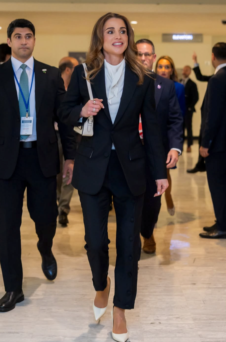 Queen Rania of Jordan stepped out in a sophisticated black-and-white look during United Nations General Assembly week in New York.