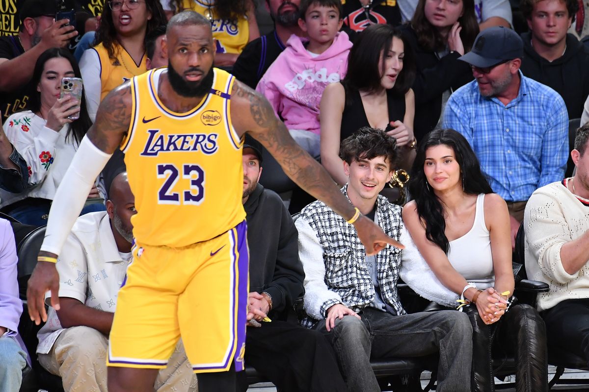 Timothee Chalamet and Kylie Jenner attend a basketball game between the Los Angeles Lakers and the Minnesota Timberwolves at Crypto.com Arena on April 30, 2025 in Los Angeles, California.