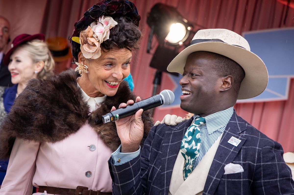 Dandy Wellington hosts the 'Best Dressed' competition at the Revive & Thrive Fashion Hub during day one of the 2024 Goodwood Revival  at Goodwood Motor Circuit on September 06, 2024 in Chichester, England. (Photo by Tristan Fewings/Getty Images)