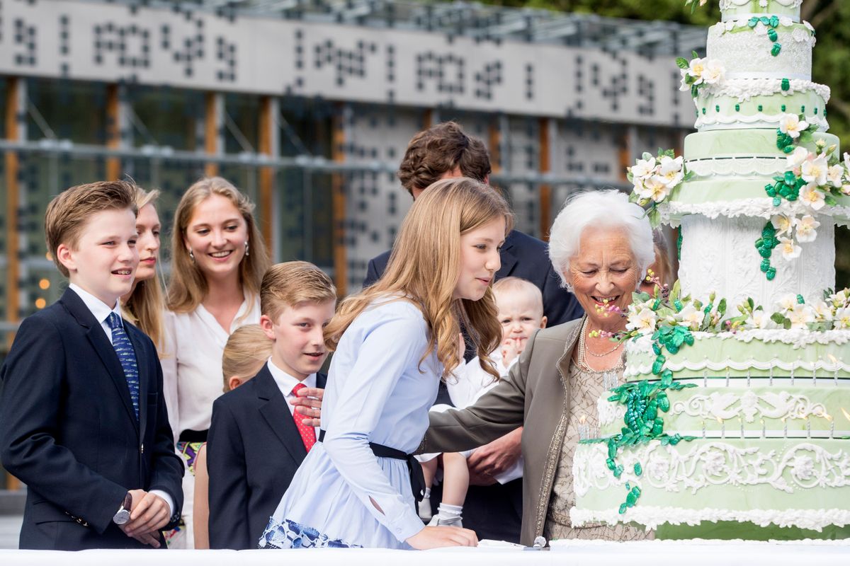 Queen Paola with her grand children Crown Princess Elisabeth, Prince Gabriel, Prince Emmanuel, Princess Eleonore, Prince Amedeo with his wife Lili and daughter Anna Astrid, Princess Luisa Maria, Princess Laetitia Maria, Prince Joachim, Princess Louise, Prince Aymeric and Prince Nicolas of Belgium 