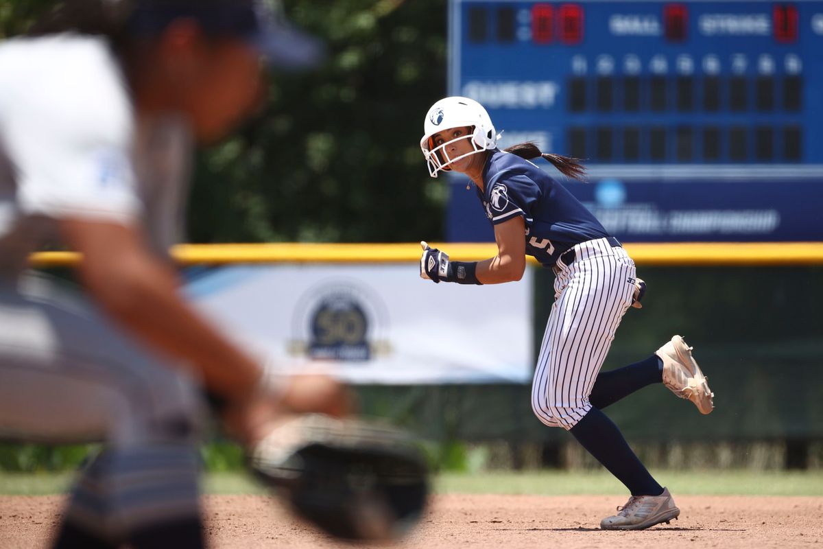 Makayla Garcia #9 of the UT Tyler Patriots runs to second during the Division II Womens Softball Championship against the Western Washington Vikings held at Boombah-Soldiers Creek Park on May 25, 2024 in Longwood, Florida. (Photo by Tyler Schank/NCAA Photos via Getty Images)