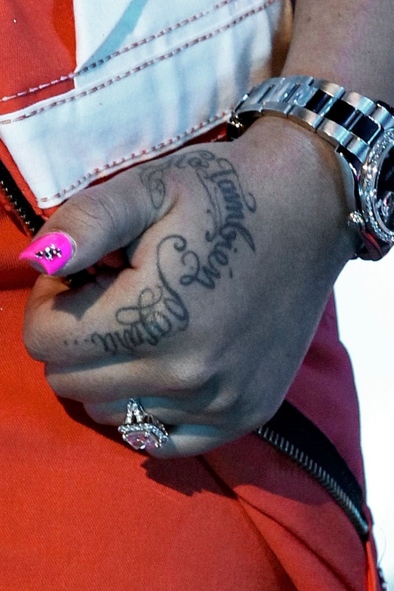 Karol G, tattoo detail, perform during a concert at Arena Ciudad de MÃxico on April 5, 2019 in Mexico City, Mexico.  (Photo by Medios y Media/Getty Images)