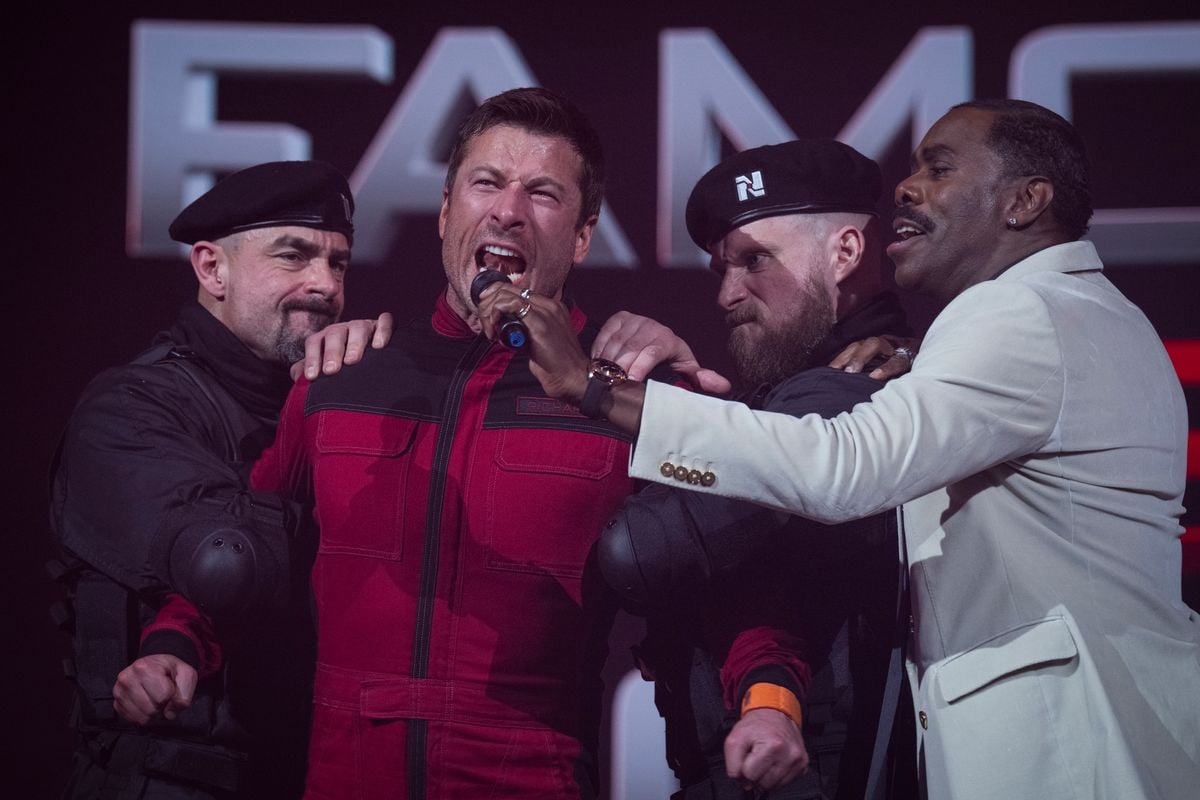 Glen Powell, left, and Colman Domingo star in Paramount Pictures' "THE RUNNING MAN." 