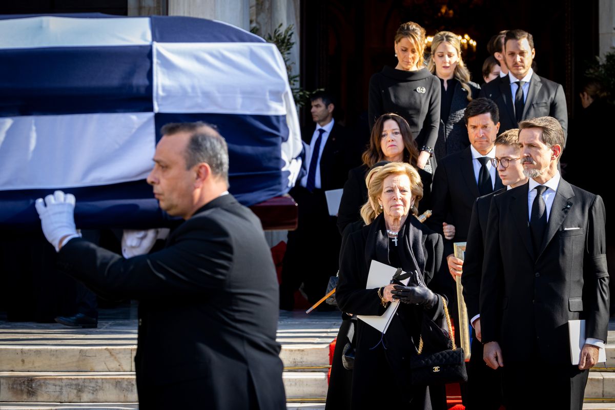 ATHENS, GREECE - JANUARY 16: Queen Anne Marie of Greece, Crown Prince Pavlos of Greece, Crown Princess Marie-Chantal of Greece, Princess Alexia of Greece,  Carlos Morales Quintana, Prince Nikolaos of Greece, Princess Tatiana of Greece, Princess Theodora of Greece, Matthew Kumar, Prince Philippos of Greece and Princess Nina of Greece attend the  funeral of former King Constantine II of Greece on January 16, 2023 in Athens, Greece.  Constantine II, Head of the Royal House of Greece, reigned as the last King of the Hellenes from 6 March 1964 to 1 June 1973, and died in Athens at the age of 82. (Photo by Patrick van Katwijk/Getty Images)
