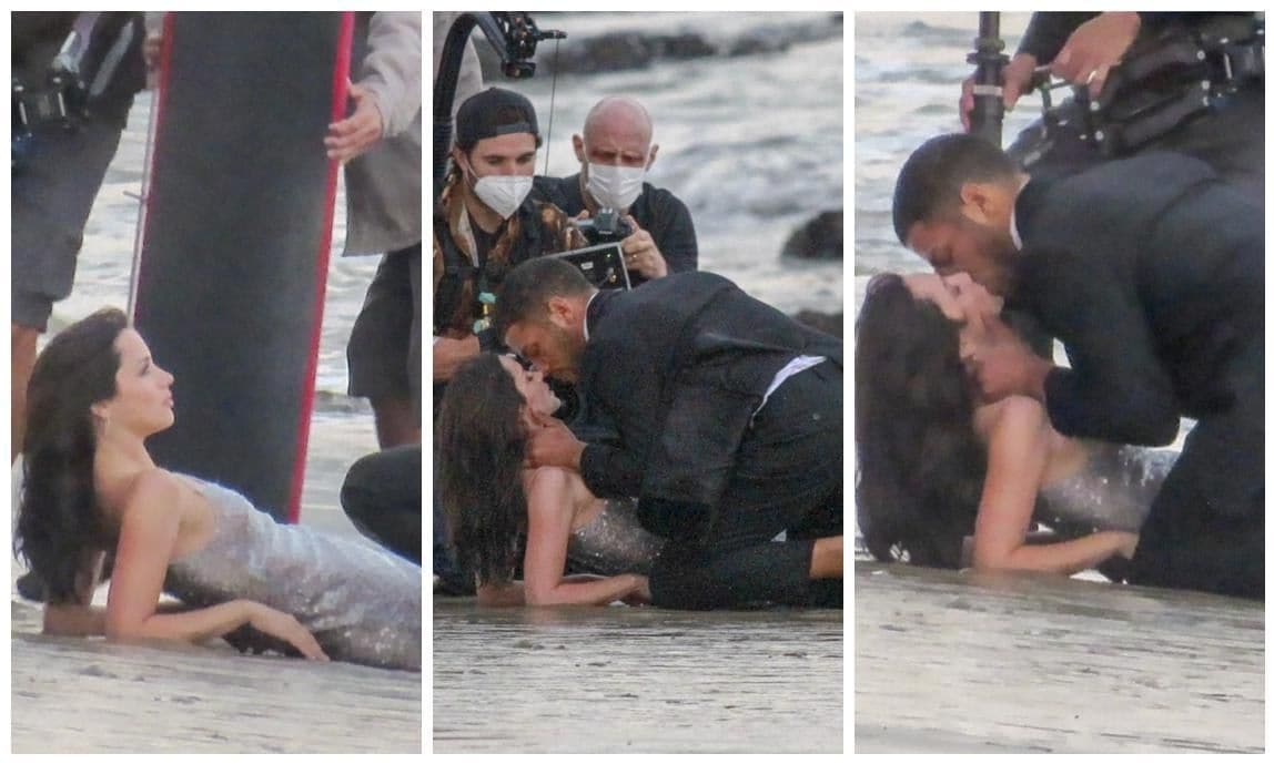 Ana de Armas on set of a commercial at the beach with a male model