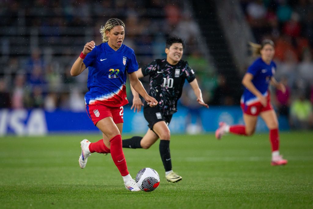 Trinity Rodman #22 of the United States dribbles the ball during an international friendly game between Korea Republic on June 4, 2024 